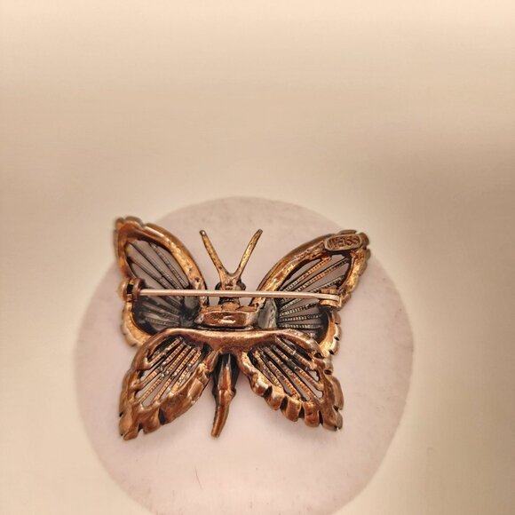 Vintage  Weiss Bronze Butterfly Brooch With Amber & Green Rhinestones - Picture 7 of 10